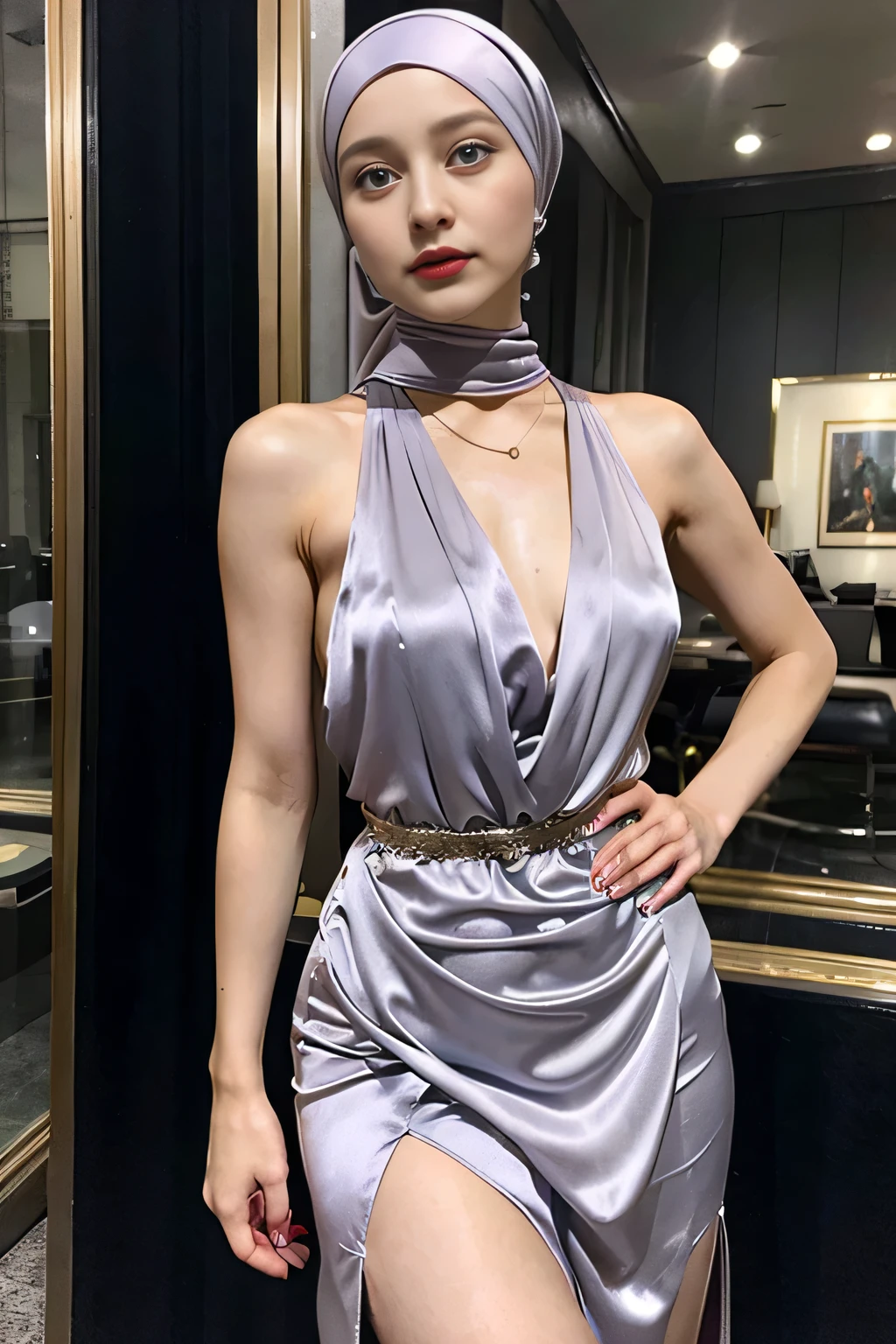 (realistic), (high quality) a lady doing bending slightly forward in a satin dress, high slit skirt, bodycon dress, slim waist, hijab, pale skinned, necklace, close shot