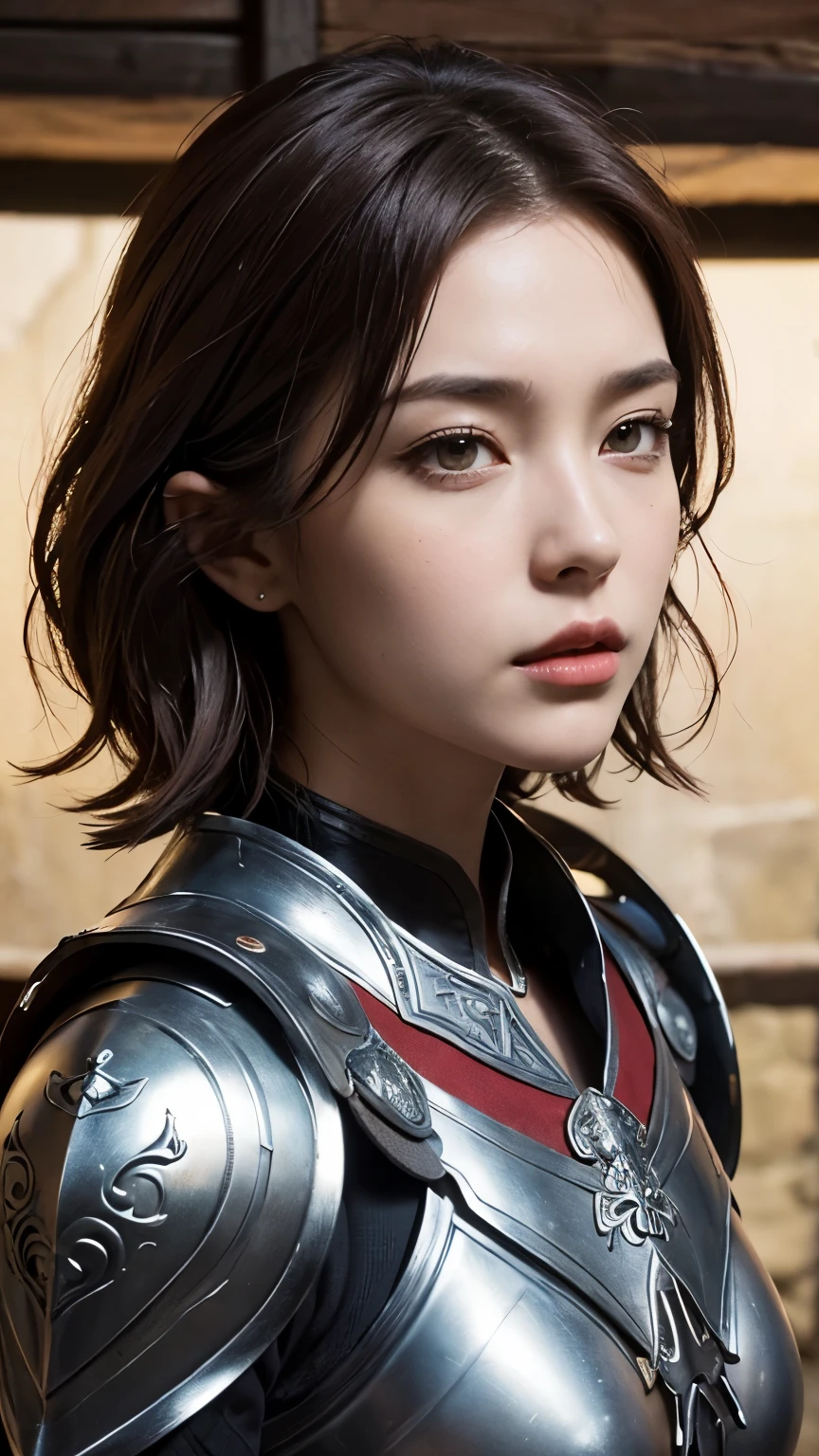 masterpiece，The best quality at its best，High resolution，8k，((Portraiture))，(Head close-up)，Original photo，Actual photo，Digital photography，(Medieval fantasy female adventurer)，(Fantasy medieval valkyrie)，18-year-old girl，(黒とredのヘアグラデーション)，red short hair，red eyes，(red and gray gradient short hair，red)，(Big Breasts)，Lavish décor，Lips parted，Make your lips look more attractive and glamorous，((red面する))，Arrogant contempt，calm and handsome，(Medieval Fantasy Battle Suit，joint armor，Lightweight Leather Protection，Beautiful magic badge，Medieval armor made from a combination of leather and metal，Delicate pattern，Cape)，(Woman warrior)，Photo pose，medieval character medieval fantasy style，Background of the ancient city，oc rendering reflection texture