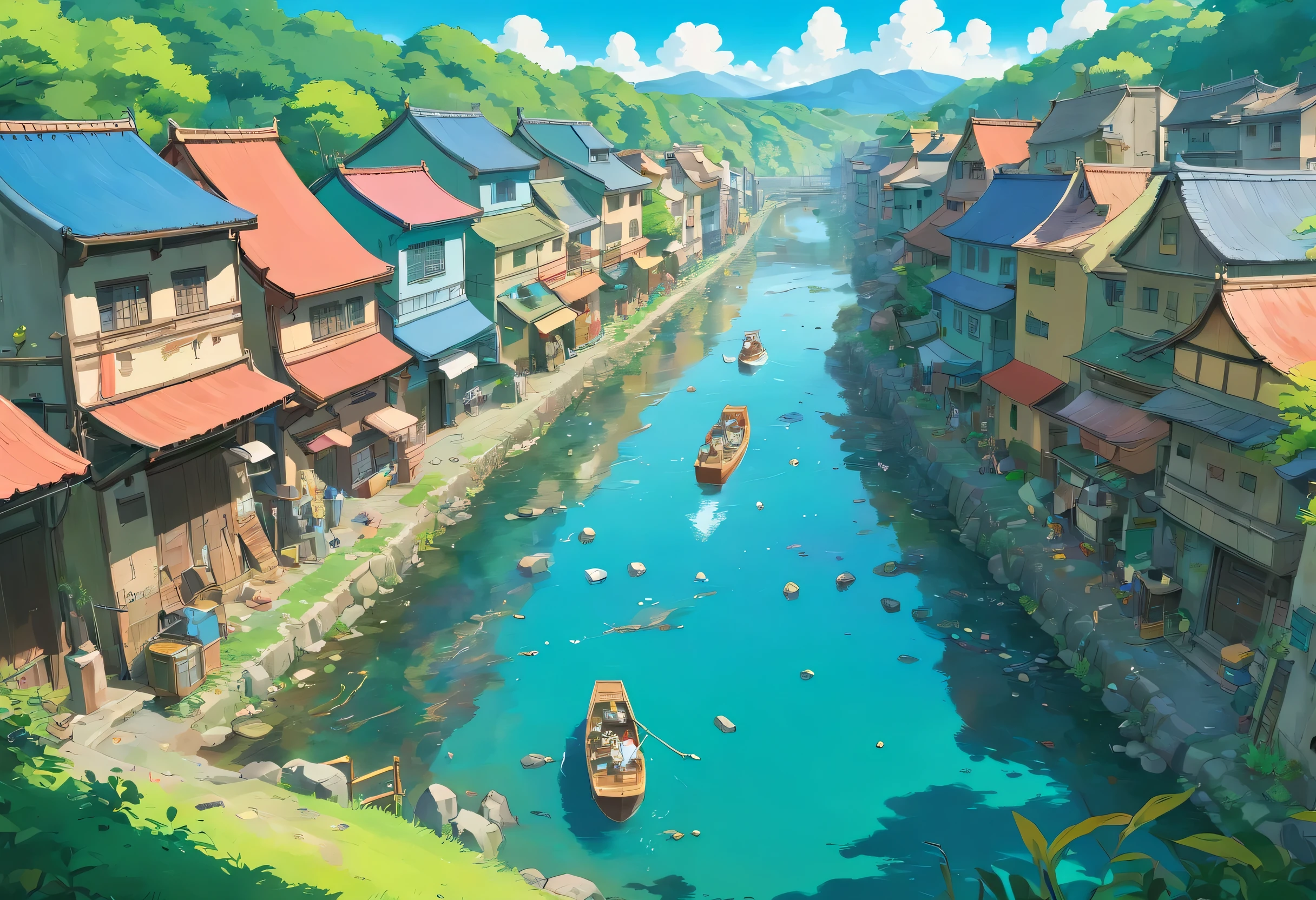 a river or river full of rubbish, houses around the river, plastic waste, dirty water, sick people