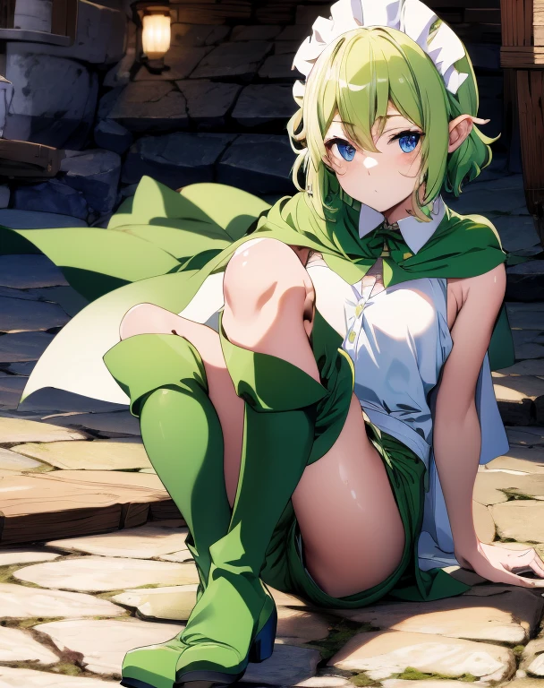 highest quality, Tabletop, 超A high resolution, Ryu Lion, Green shorts, Green Boots, White shirt, Green Cape,Backless Maid