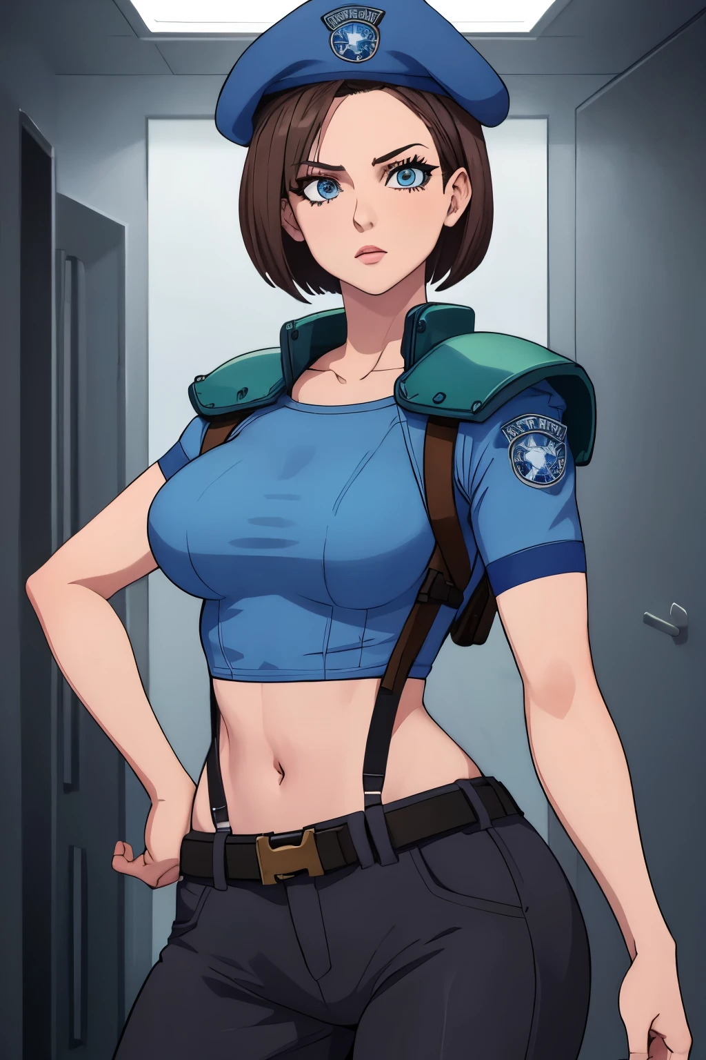 Jill Valentine, masterpiece, best quality, 1girl, solo, standing, jillre1, beret, uniform, shoulder pads, short sleeves, harness, belt, pants, unmoving pattern, peitos grandes, bunda grande, ela esta mostrando a lateral, pernas abertas, bunda grande, decote, peitos grandes, ela esta olhando para a lateral, 