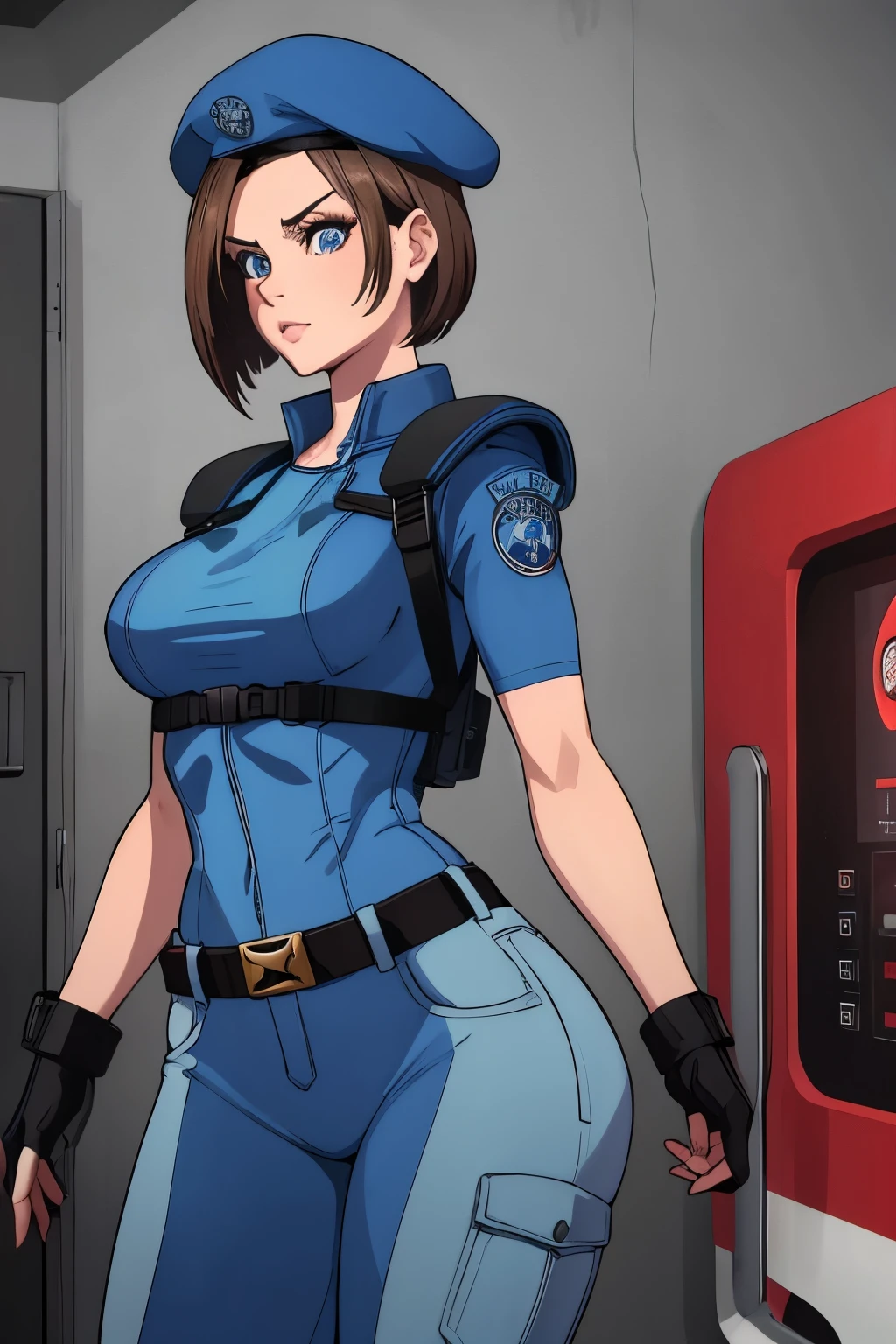 Jill Valentine, masterpiece, best quality, 1girl, solo, standing, jillre1, beret, uniform, shoulder pads, short sleeves, harness, belt, pants, unmoving pattern, peitos grandes, bunda grande, ela esta mostrando a lateral, pernas abertas, bunda grande, decote, peitos grandes, ela esta olhando para a lateral, 