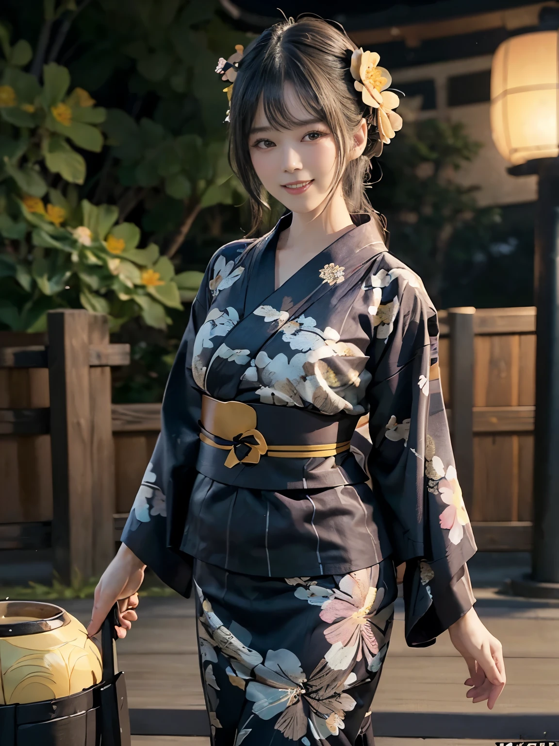 (ultra realistic), (best illustration), (increase resolution), (8K), (masterpiece), (wallpaper), solo, 1 girl, looking at viewers, black straight hair, slender body, plump breasts, pureerosfaceace_v1, happy smile, (floral Yukata:1.5), Japanese Garden