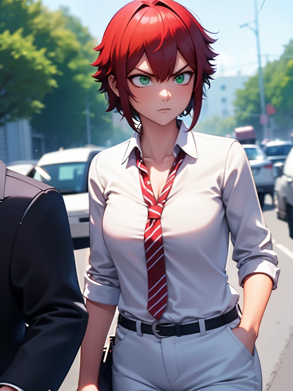 8k, best quality, masterpiece, ultra-detailed,1girl,solo, green eyes,Angry expression, looking away,short hair, eyes,red hair,white shirt,white shirt,Long-sleeved shirt,black trousers,ultra detail, ultra HD