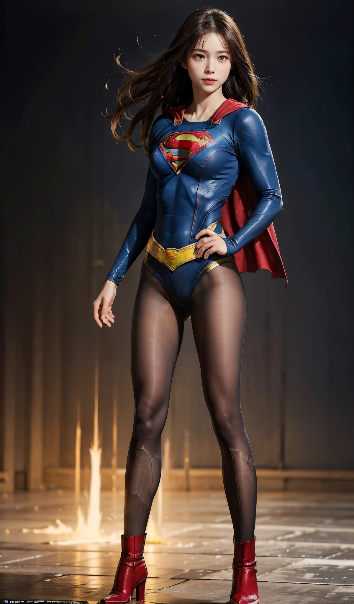 No background、(((Beautiful legs in black tights.)))、(((Legally express the beauty of your smile)))、((((Make the most of your original images)))、(((Supergirl Costume)))、(((Beautiful Hair)))、(((suffering)))、(((Please wear black tights....、Wear red boots)))、((Best image quality、8k))、((highest quality、8k、masterpiece:1.3))、(((Preserve background )))、Sharp focus:1.2、Beautiful woman with perfect figure:1.4、Slim Abs:1.2、Wet body:1.5、Highly detailed face and skin texture、8k