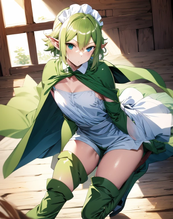 highest quality, one person,Tabletop, 超A high resolution, Ryu Lion, Green shorts, Green Boots, White shirt, Green Cape,Military Maid