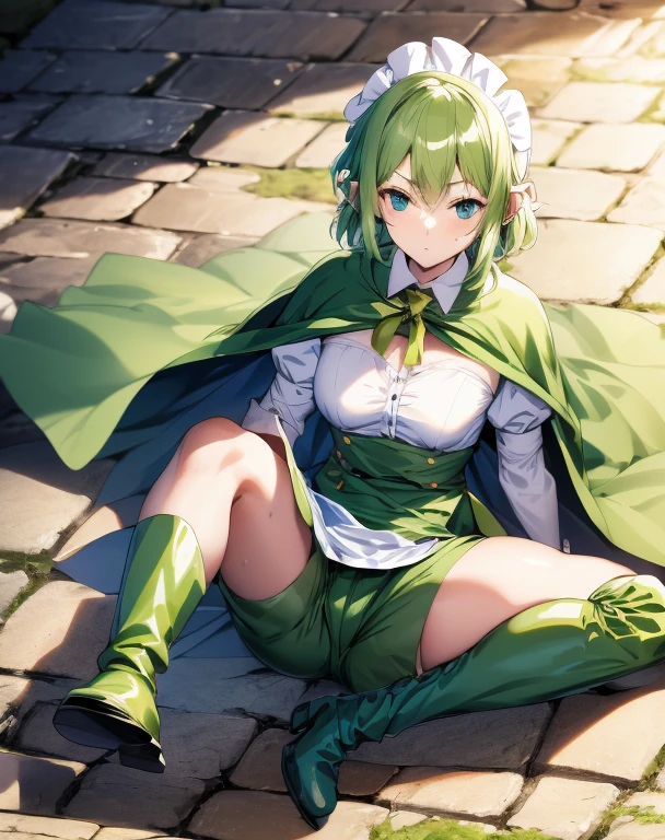 highest quality, one person,Tabletop, 超A high resolution, Ryu Lion, Green shorts, Green Boots, White shirt, Green Cape,Military Maid