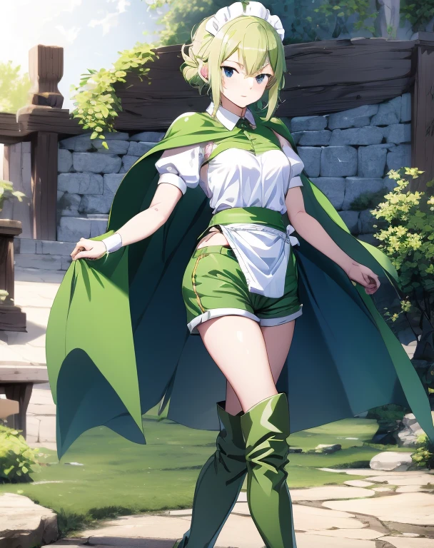 highest quality, one person,Tabletop, 超A high resolution, Ryu Lion, Green shorts, Green Boots, White shirt, Green Cape,Military Maid