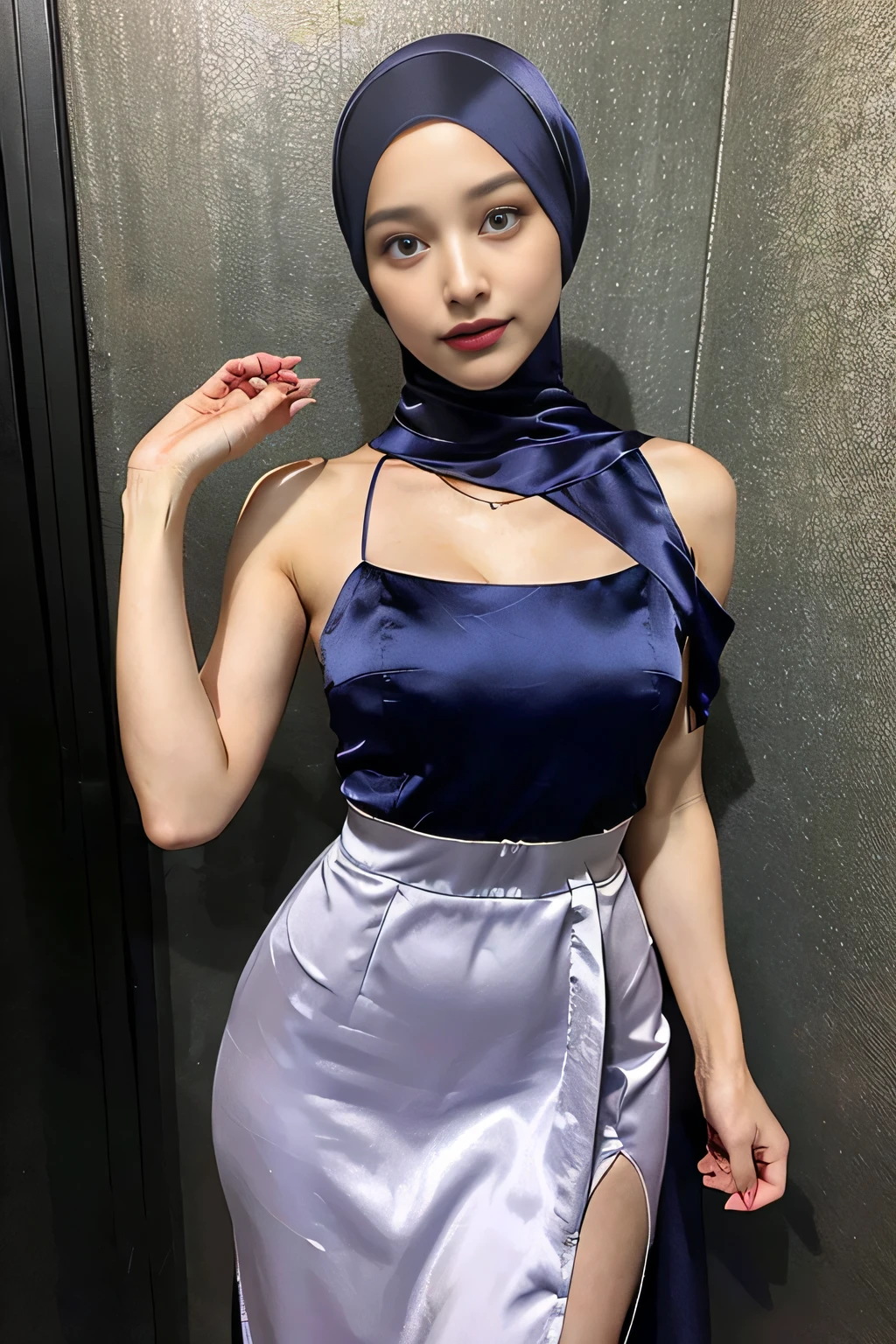 (realistic), (high quality) a lady doing bending slightly forward in a satin dress, high slit skirt, bodycon dress, big brast, slim waist, hijab, pale skinned, necklace, close shot