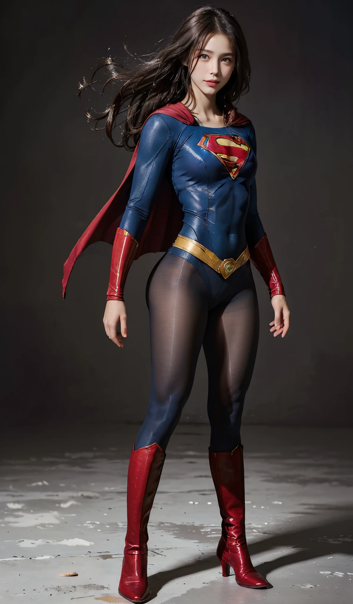 No background、(((Beautiful legs in black tights.)))、(((Legally express the beauty of your smile)))、((((Make the most of your original images)))、(((Supergirl Costume)))、(((Beautiful Hair)))、(((suffering)))、(((Please wear black tights....、Wear red boots)))、((Best image quality、8k))、((highest quality、8k、masterpiece:1.3))、(((Preserve background )))、Sharp focus:1.2、Beautiful woman with perfect figure:1.4、Slim Abs:1.2、Wet body:1.5、Highly detailed face and skin texture、8k