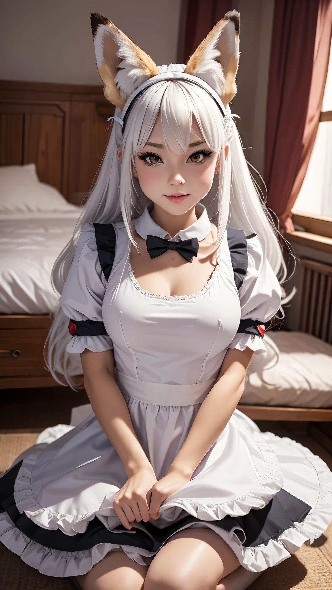 1girl, ebenya, looking at viewer, white hair, foxgirl, kumiho, fox ears, fox tail, open clothes, (maid, maid uniform), thin body, flat chest, seating pose, , cleaning "device", kiss, lips, , royal country house, tsar house, ba-shiroko, comics, fantasia, sfw, marvel e DC