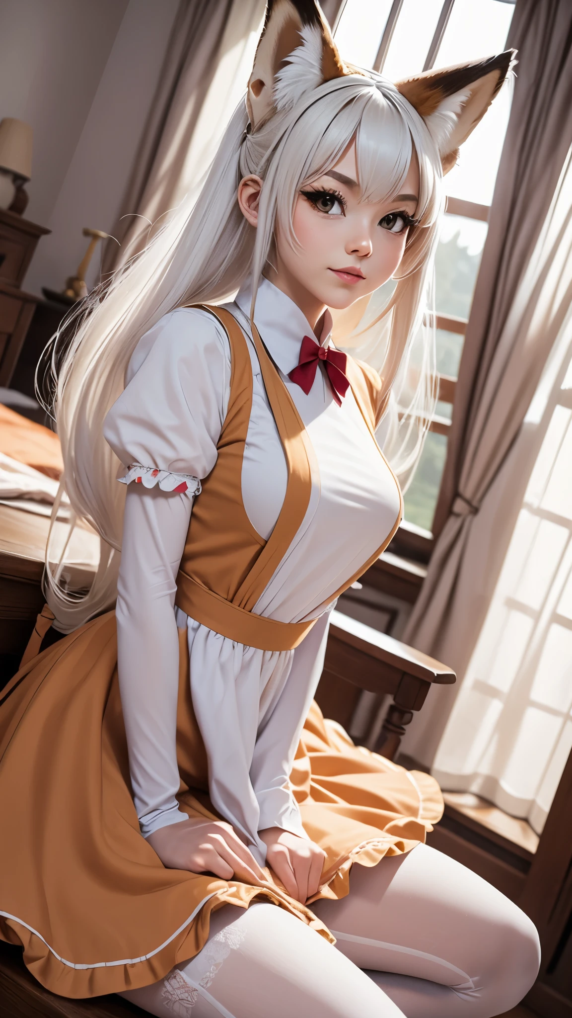 1girl, ebenya, looking at viewer, white hair, foxgirl, kumiho, fox ears, fox tail, open clothes, (maid, maid uniform), thin body, flat chest, seating pose, , cleaning "device", kiss, lips, , royal country house, tsar house, ba-shiroko, comics, fantasia, sfw, marvel e DC