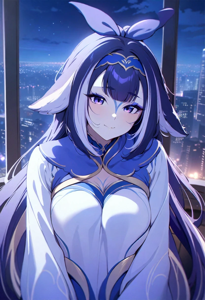 (shylily/(Twich/):1.5),(masterpiece:1.2),(best quality:1.2),1 Girl,city View, night, looking at the audience, aldult, , masterpiece, best quality,long bangs. White and purple petals headband,
Purple and white long sleeve shirt.