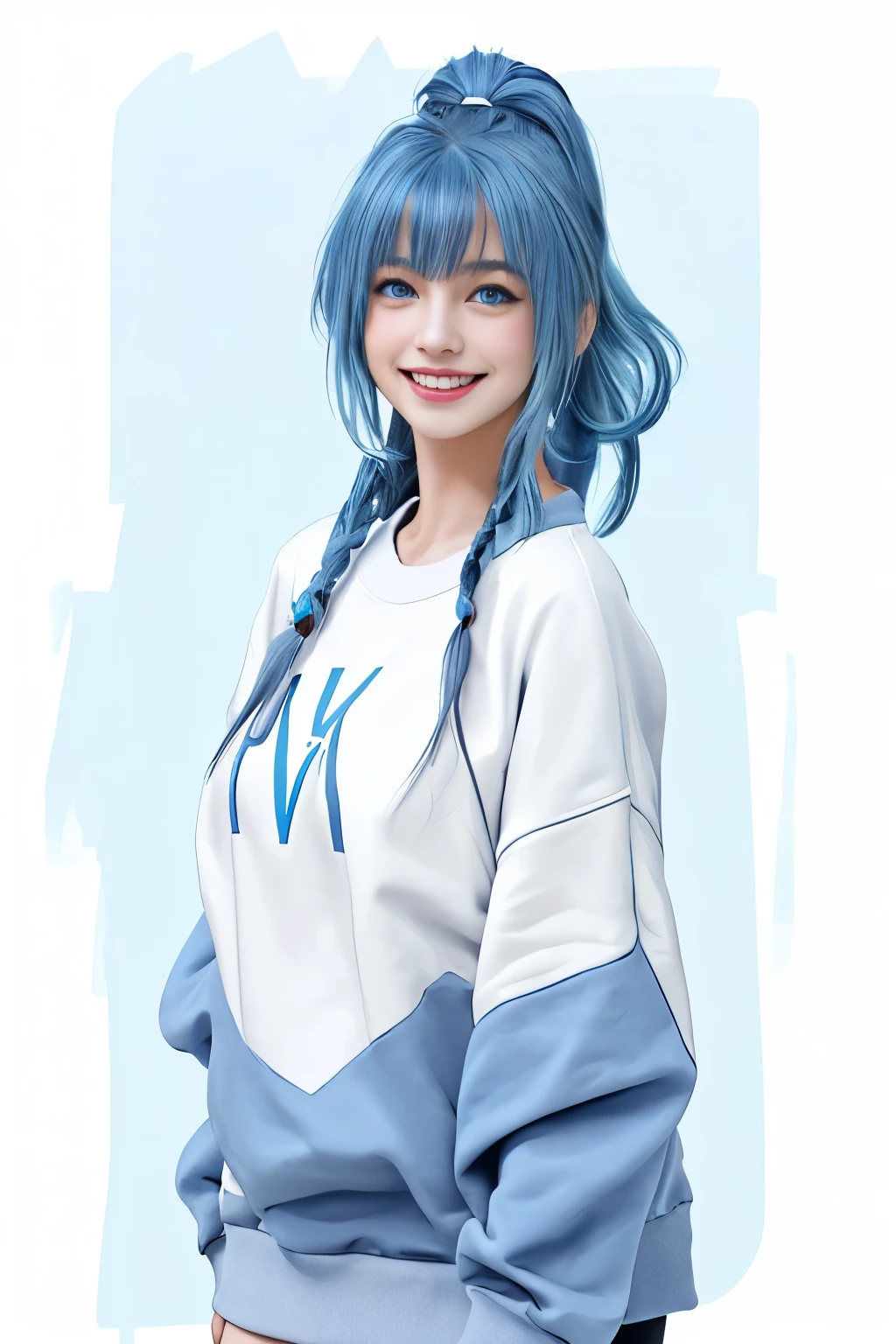 1 girl, cute, realistic, blue hair, blue eyes. Ponytail, with bangs between the eyes. She wears a white sweatshirt that is quite large. happy smile.