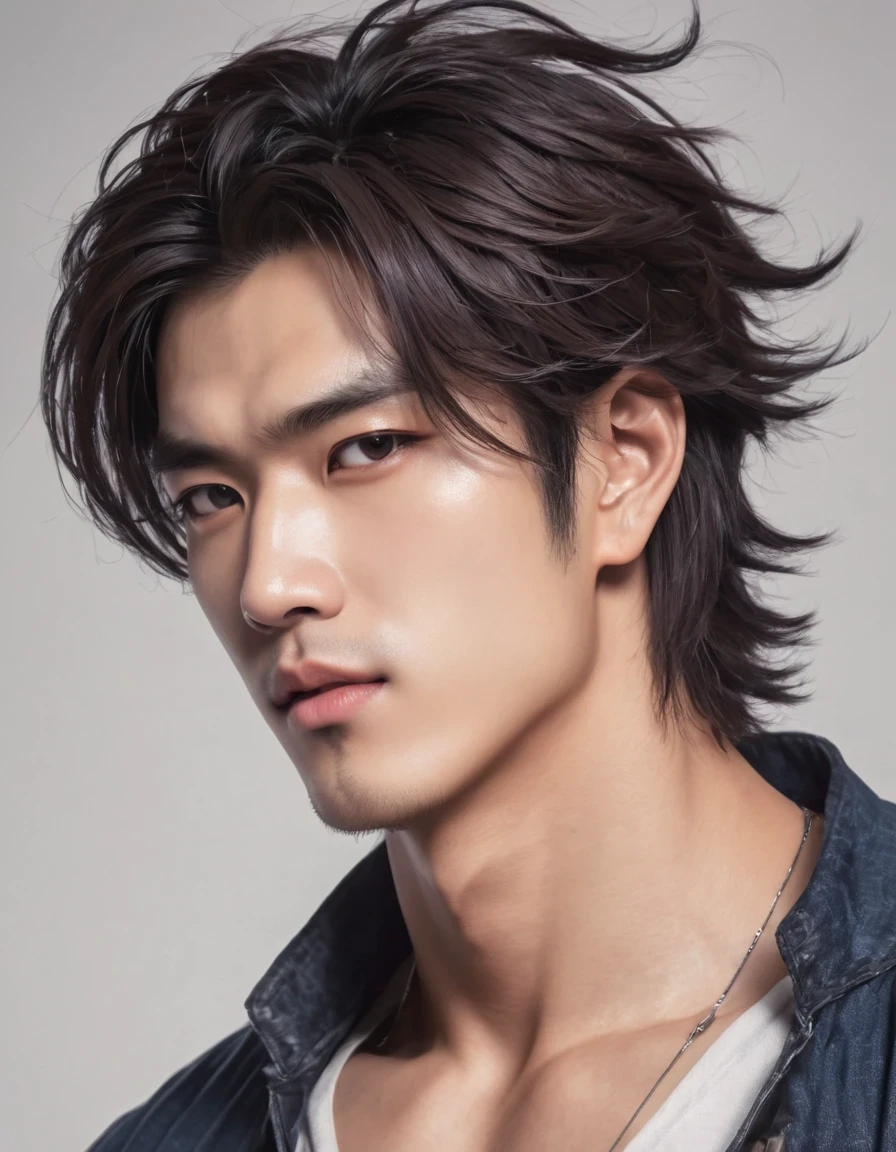 （Male character design），（Close-up of the cold and  Chinese handsome man Pan An），（Close-up above the waist），（Very long and messy hair：1.3），（Big bright eyes，Double eyelids），Sad Prince，Toning muscles，jeans，Detailed abdominal muscles，Chinese beauty，Sexy big mouth，delicate and pretty、I would rather be gentle and melancholy，（Pan An wearing modern men&#39;s clothing&#39;Fashion. Pan An is tall and tall.，He has a well-proportioned and strong physique，Pan An&#39;s skin was fair and flawless，His delicate facial features，Clear and bright eyes，His nose bridge is very high，Show your kingly style，Noble temperament，