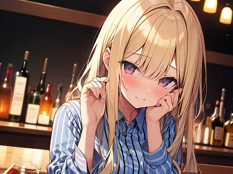 Masterpiece, Top quality, (1 beautiful girl :1.2), Blonde, straight hair, 24 year old, medium breasts, standard weight, Striped shirt, blush, drunk, hands up, elbows on table, face palm, beautiful scene of bar, blurry background, magnificent panorama view, glass with alcohol, close up, from front