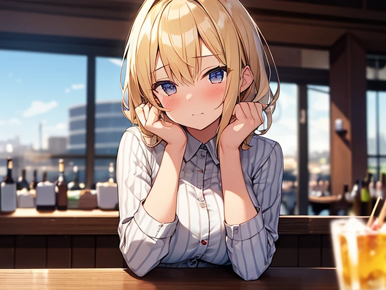 Masterpiece, Top quality, (1 beautiful girl :1.2), Blonde, straight hair, 24 year old, medium breasts, standard weight, Striped shirt, blush, drunk, hands up, elbows on table, face palm, beautiful scene of bar, blurry background, magnificent panorama view, glass with alcohol, close up, from front