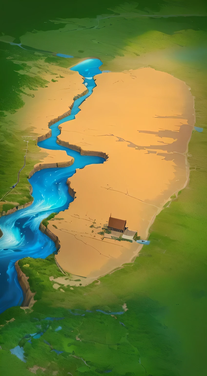 Blue River in the middle, river through, detailed landscape, flowing river, bird 's-eye view of the land, game map drawing