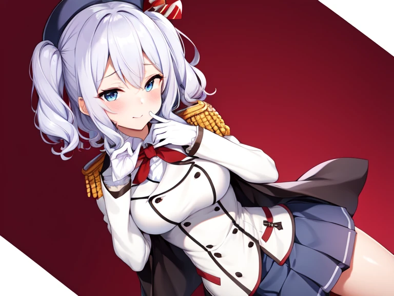 (masterpiece, best quality:1.2),giggle,A hand touched his chest,illustration,8K,HD,1 girl,solitary,portrait,blush,white hair,blue eyes,curls,Double tail,Berets,Epaulettes,Ruffled sleeves,Jacket,Large Breasts,Long sleeve,,mini skirt,Pleated Skirt,Red tie,White gloves,anchor,Solid color background