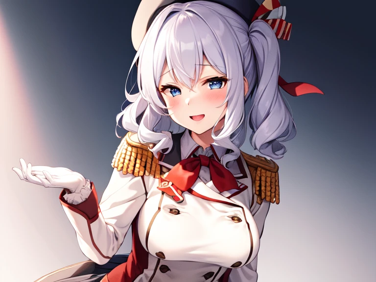 (masterpiece, best quality:1.2),giggle,A hand touched his chest,illustration,8K,HD,1 girl,solitary,portrait,blush,white hair,blue eyes,curls,Double tail,Berets,Epaulettes,Ruffled sleeves,Jacket,Large Breasts,Long sleeve,,mini skirt,Pleated Skirt,Red tie,White gloves,anchor,Solid color background