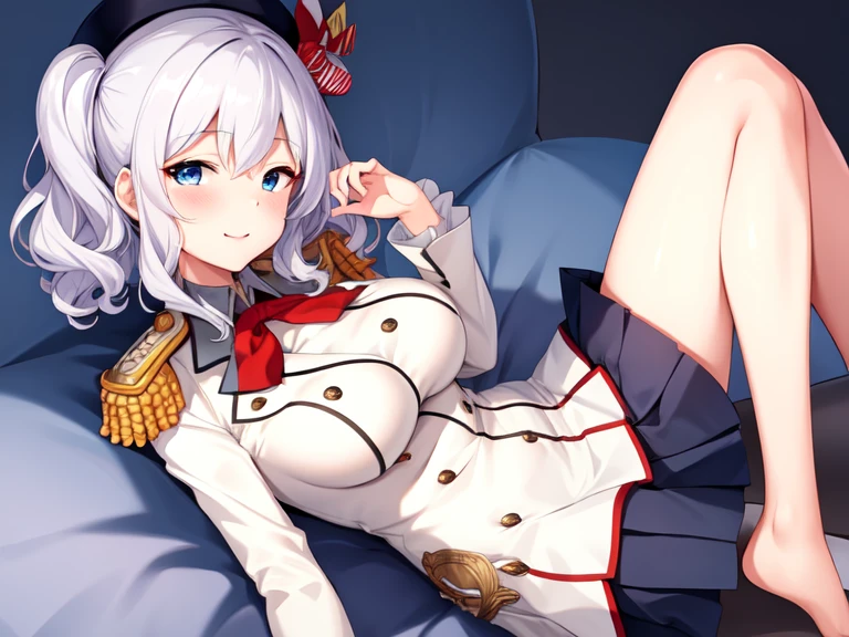 (masterpiece, best quality:1.2),giggle,A hand touched his chest,illustration,8k,HD,1 girl,solitary,portrait,blush,White hair,blue eyes,curls,Double tail,pluming,Berets,Epaulettes,Ruffled sleeves,jacket,Large Breasts,Long sleeve,,mini skirt,Pleated Skirt,Red tie,White gloves,anchor,Solid color background