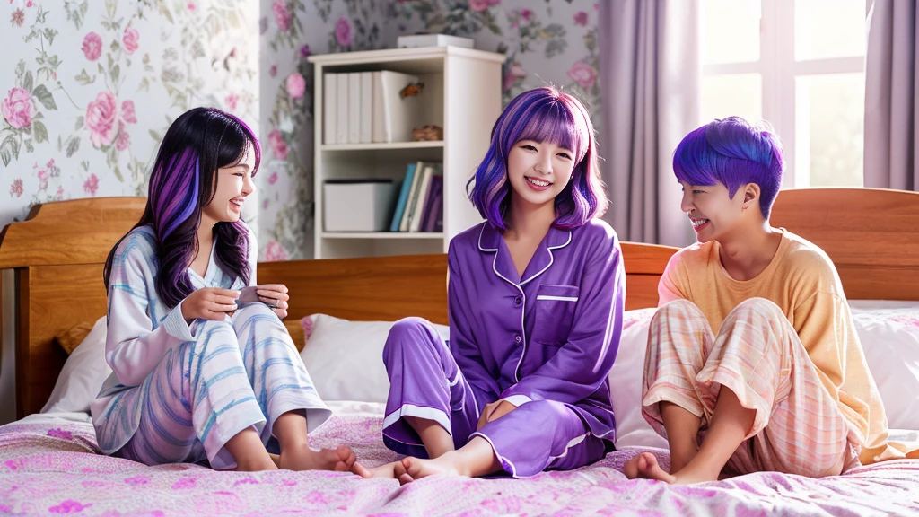 (T masterpiece,4k wallpaper,highest quality))、((girl1people々))、(一peopleで)、Bright and brilliant,(Purple Hair)、(Shortcuts:1.3)、smile、Bedroom、pajamas、night