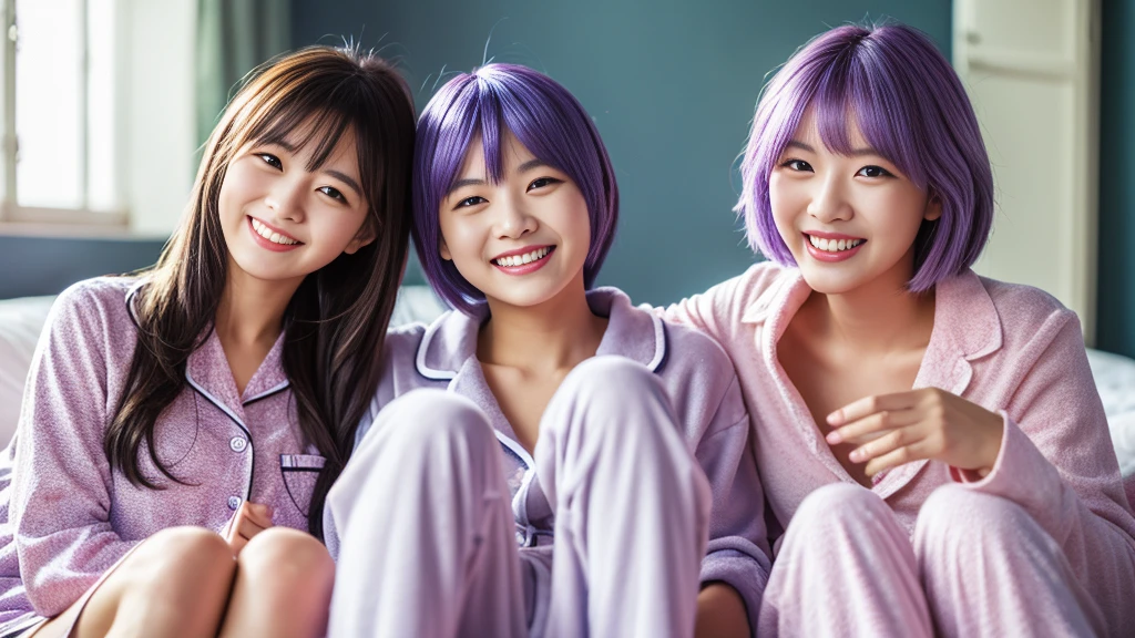 (T masterpiece，4k wallpaper，highest quality))、((girl１people々))、(一peopleで)、Bright and brilliant，(Purple Hair)、(Shortcuts:1.3)、smile、Bedroom、pajamas、night