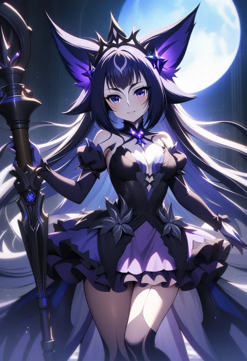 (shylily/(Twich/):1.5),(masterpiece:1.2),(best quality:1.2),Anime girl in a purple skirt holding an umbrella in a dark room, Moon themed clothing, Fantasy costumes, Rococo Cyberpunk, Elegant gothic princess, Black and purple clothes, Gothic girl anime girl, Star witch clothes, ta Fashion, ((Beautiful fantasy queen)), Charming hypnotic woman, Wear a dream dress, lulua workshop, Fairy Tale Core,