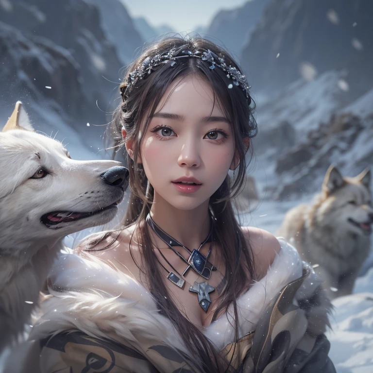 Hiding in the snowy mountains、Hair flow、 ((highest quality、masterpiece、8k、Best image quality、Ultra-high resolution、Award-winning works)、(Accurate anatomy:1.1)、(Look at me and smile:1.1)、Shining fair skin with Ultra-high resolution、The most detailed face、Ultra-high resolution detailed face、Ultra-high resolutionの髪の毛、(Ultra-high resolutionの煌めく瞳:1.1)、Beautiful face drawn in every detail、(Blurred Background:1.1)、Ancient Inuit clothing, Chest to chest, tattoo, Old ruins in the background、Besides real wolves