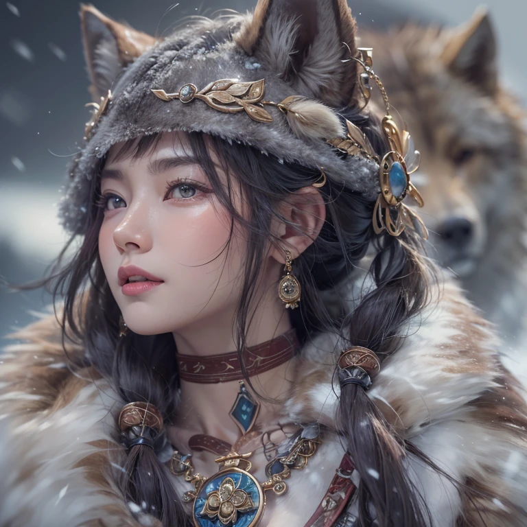 Hiding in the snowy mountains、Hair flow、 ((highest quality、masterpiece、8k、Best image quality、Ultra-high resolution、Award-winning works)、(Accurate anatomy:1.1)、(Look at me and smile:1.1)、Shining fair skin with Ultra-high resolution、The most detailed face、Ultra-high resolution detailed face、Ultra-high resolutionの髪の毛、(Ultra-high resolutionの煌めく瞳:1.1)、Beautiful face drawn in every detail、(Blurred Background:1.1)、Ancient Inuit clothing, Chest to chest, tattoo, Old ruins in the background、Besides real wolves