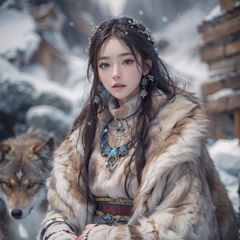 Hiding in the snowy mountains、Hair flow、 ((highest quality、masterpiece、8k、Best image quality、Ultra-high resolution、Award-winning works)、(Accurate ???????:1.1)、(Look at me and smile:1.1)、Shining fair skin with Ultra-high resolution、The most detailed face、Ultra-high resolution detailed face、Ultra-high resolutionの髪の毛、(Ultra-high resolutionの煌めく瞳:1.1)、Beautiful face drawn in every detail、(Blurred Background:1.1)、Ancient Inuit clothing, Chest to chest, tattoo, Old ruins in the background、Besides real wolves