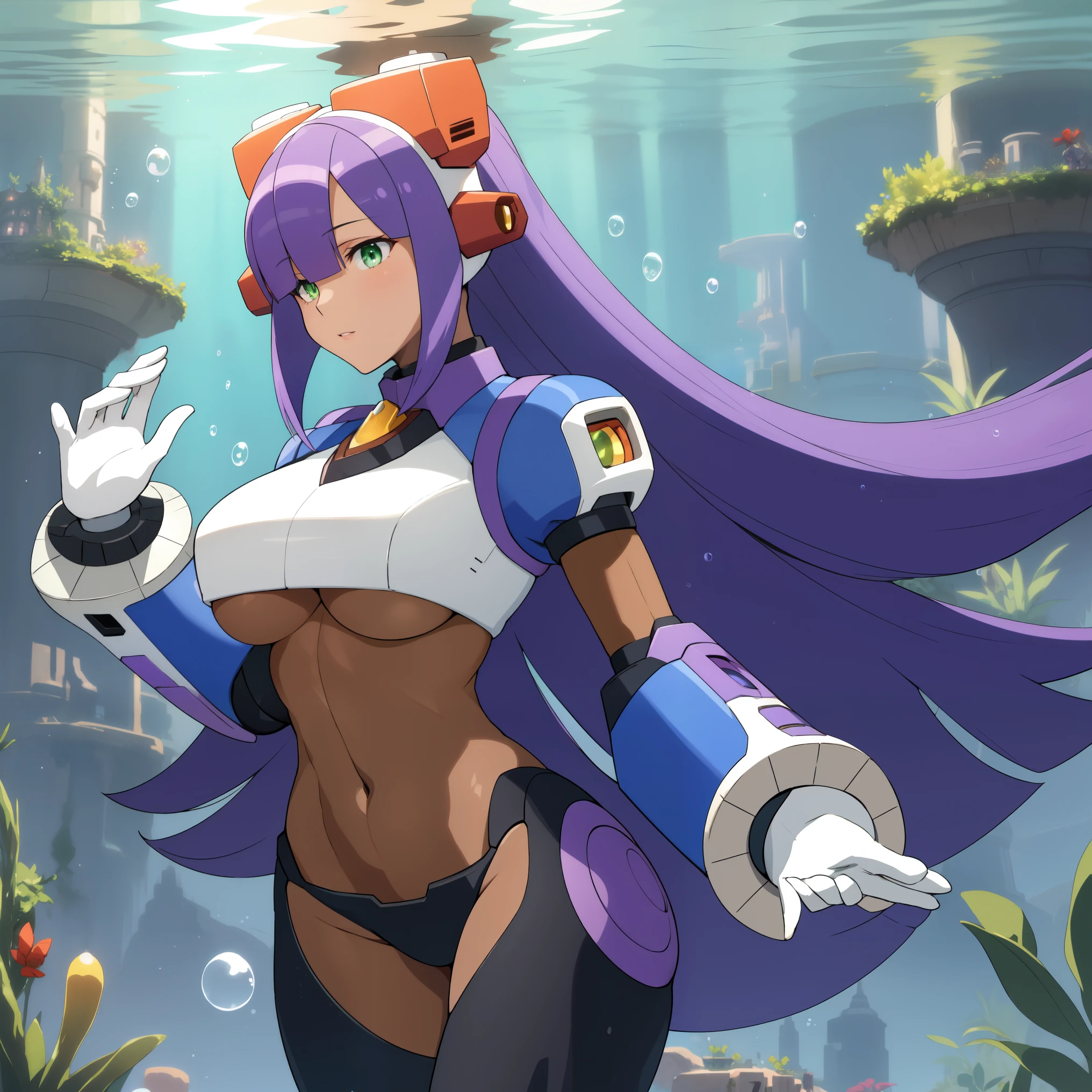 layer_megamanx, 1girl, solo, long hair, purple hair, green eyes, blunt bangs, hair over eyes, large breasts, dark skin, dark-skinned female, android, underboob, robot ears, high quality, masterpiece, standing in an underwater city with lots of bubbles, in the style of yuumei, intricate architectures, indigo, miniature illumination, daniel f. gerhartz