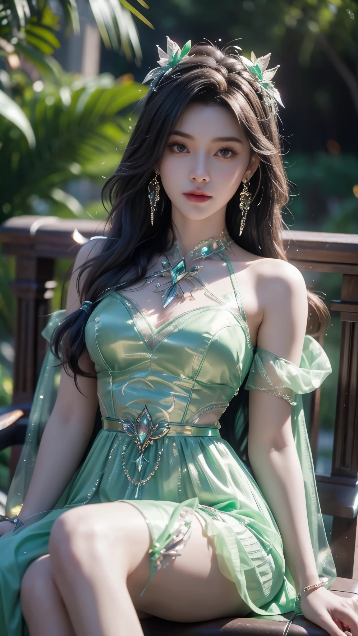 8K, UHD, MAsterpiece, best quality, 1 girl, ((realistic face)), happy pace, very long hair, small breasts, decorated dress, very beautiful ornaments dress, shining green color, ((lace)), mesh dress, mesh cape flowing, sardine, loops, ((ornaments)), legendary night balcony, glowing crystal, depth of field, cinematic lighting, chromatic aberration, motion blur, glowing light, god rays, ray tracing, ((reflection light)), backlighting, bloom, chromatic aberration abuse, multiple monochrome, sitting on the chair,