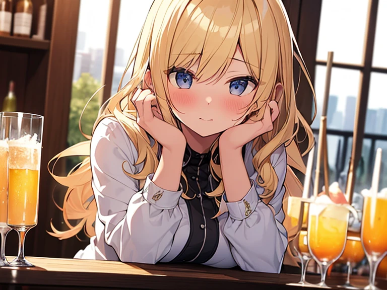 Masterpiece, Top quality, (1 beautiful girl :1.2), Blonde, wave hair, 24 year old, medium breasts, standard weight, shirt, blush, drunk, hands up, elbows on table, face palm, beautiful scene of bar, blurry background, magnificent panorama view, glass with alcohol, close up, from front