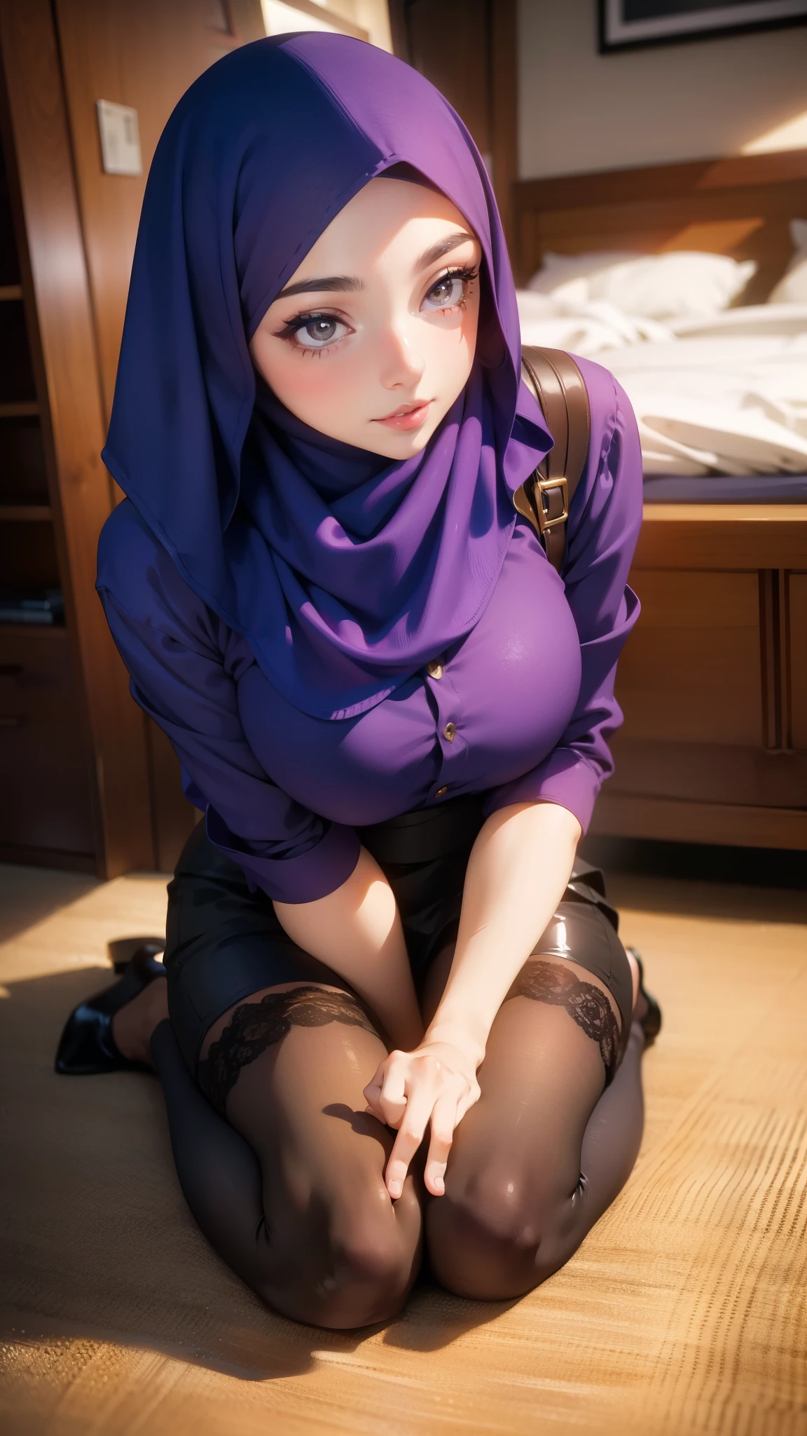 A busty hijabi girl with Arabic ethnicity and brown skin is portrayed as a mature woman in this artwork. She is dressed in a stylish secretary outfit, featuring a purple open shirt, a black jacket, and a trendy mini skirt. The girl completes her attire with a pair of brown stockings and black high heels. Her head is covered gracefully with a silk headscarf.

One prominent feature of this girl is her big natural breasts, which add to her femininity. Additionally, she has a nice rounded ass and a captivating cleavage that accentuates her curves. Her beautiful feet are also highlighted in the artwork.

In terms of facial features, the girl has stunning eyes, with detailed and captivating gaze, as well as beautiful lips. Her face is exquisitely detailed, with long eyelashes that enhance her attractiveness. She has a pleasant smile that welcomes the viewer.

The artwork captures the girl from a top view, providing an interesting perspective. She is depicted in a corporate environment, specifically in a reunion room. The room showcases a professional atmosphere, with elegant furniture and decorations reflecting a professional work setting. The girl is seen taking a picture, possibly to commemorate an important moment or to document the occasion.

The artwork is of the highest quality, with features such as 8k resolution, 4k resolution, and high-resolution rendering. It is a masterpiece that showcases ultra-detailed elements, with a photorealistic representation of the girl. The lighting in the artwork is carefully crafted, simulating professional studio lighting to enhance the overall visual impact.

The art style of this piece can be described as a portrait, focusing on capturing the beauty and allure of the hijabi girl. The color palette used in the artwork is vibrant and vivid, adding to the overall appeal. The girl's brown skin tone is beautifully depicted, emphasizing her Arabic ethnicity.

This prompt is ideal for generating a visually stunning artwork featuring a b