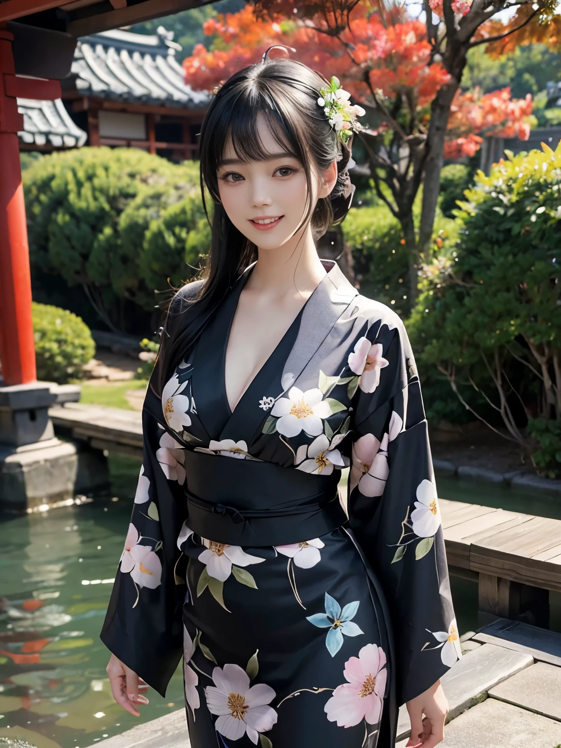 (ultra realistic), (best illustration), (increase resolution), (8K), (masterpiece), (wallpaper), solo, 1 girl, looking at viewers, black straight hair, slender body, plump breasts, pureerosfaceace_v1, happy smile, floral Yukata, Japanese Garden