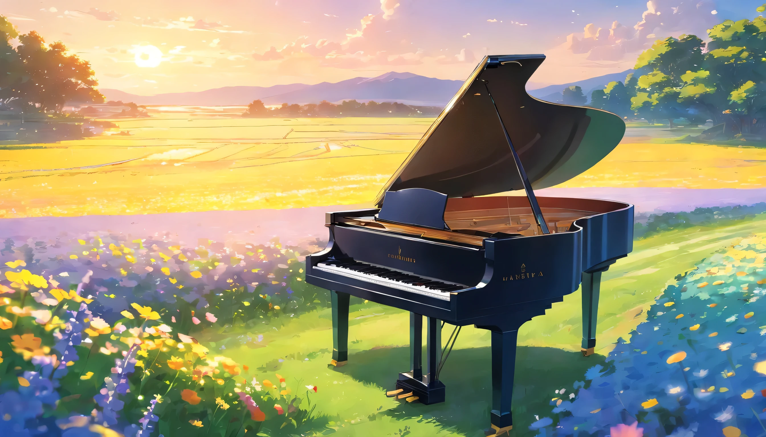 A grand piano in a flower field、The blue sky spreads across the sky、Spring in the Japanese countryside、Sunrise over the horizon