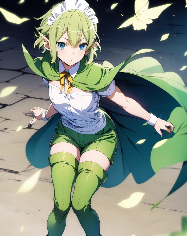 highest quality, one person,Tabletop, 超A high resolution, Ryu Lion, Green shorts, Green Boots, White shirt, Green Cape,Stewardess Maid