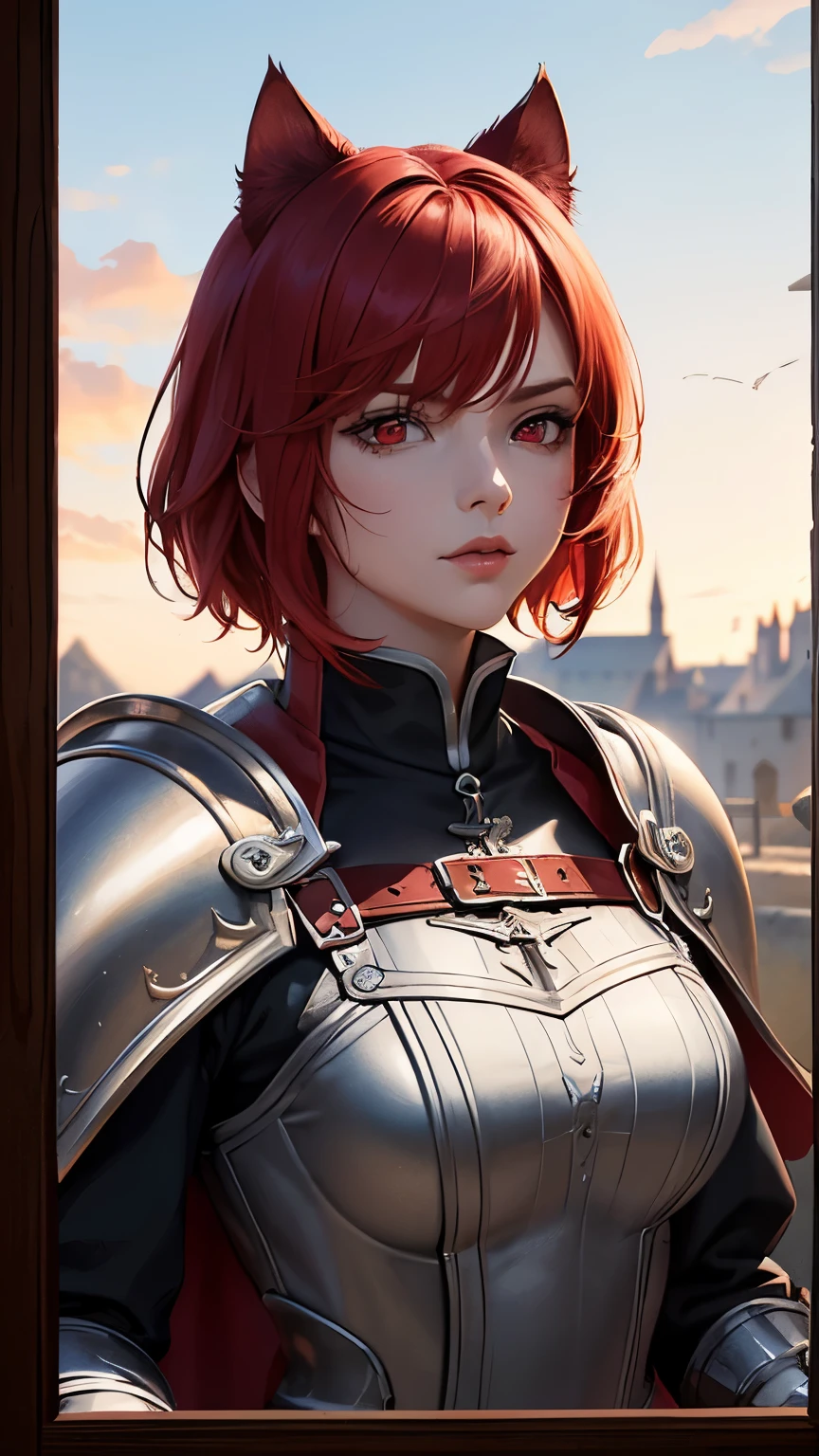 masterpiece，The best quality at its best，High resolution，8k，((Portraiture))，Original photo，Actual photo，Digital photography，(Medieval fantasy female adventurer)，(Fantasy medieval valkyrie)，18-year-old girl，(黒とredのヘアグラデーション)，(((red short hair)))，(((red eyes)))，(red and gray gradient short hair，red)，(Big Breasts)，Lavish décor，Lips parted，Make your lips look more attractive and glamorous，((red面する))，Arrogant contempt，calm and handsome，(Medieval Fantasy Battle Suit，joint armor，Lightweight Leather Protection，Beautiful magic badge，Medieval armor made from a combination of leather and metal，Delicate pattern，Cape)，(Woman warrior)，Photo pose，medieval character medieval fantasy style，Background of the ancient city，oc rendering reflection texture,(((whole body))),(((Cat ear)))