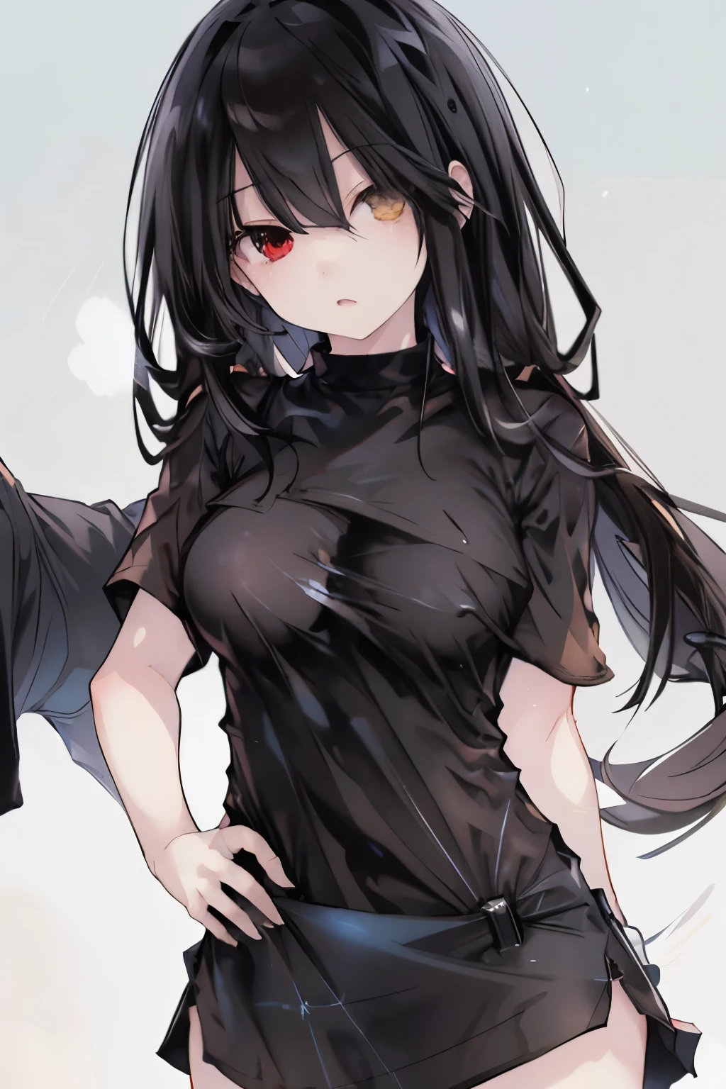 Optimal，masterpiece，High resolution，highest quality，Hyper HD，alone，(Upper Body），Upper Bodyの写真、Cute Face，，Black Hair、Long Hair、White skin，((Shooting from the front:1.5)), ((Tight black t-shirt:1.5)), ((Large Breasts:1.5)), Hands on hips