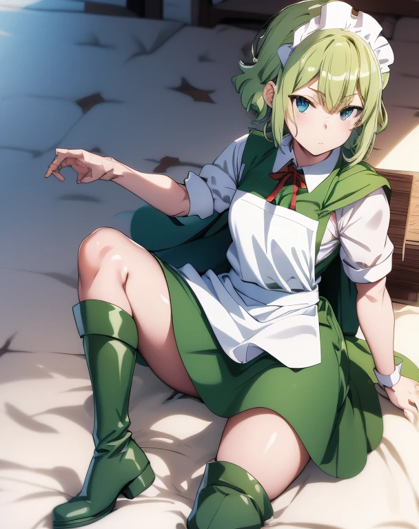 highest quality, one person,Tabletop, 超A high resolution, Ryu Lion, Green shorts, Green Boots, White shirt, Green Cape,Apron Maid