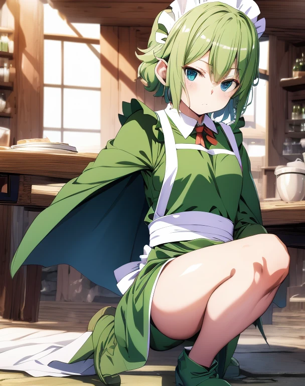 highest quality, one person,Tabletop, 超A high resolution, Ryu Lion, Green shorts, Green Boots, White shirt, Green Cape,Apron Maid