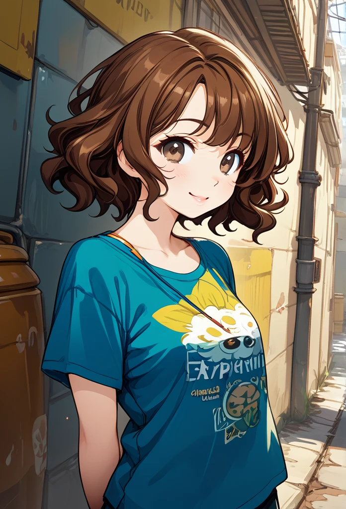 Teenage girl, short hair, wavy hair, brown hair, cute face, glossy lips, hazel eyes, playful smile, casual clothes, arms behind back, looking at viewer, alley background