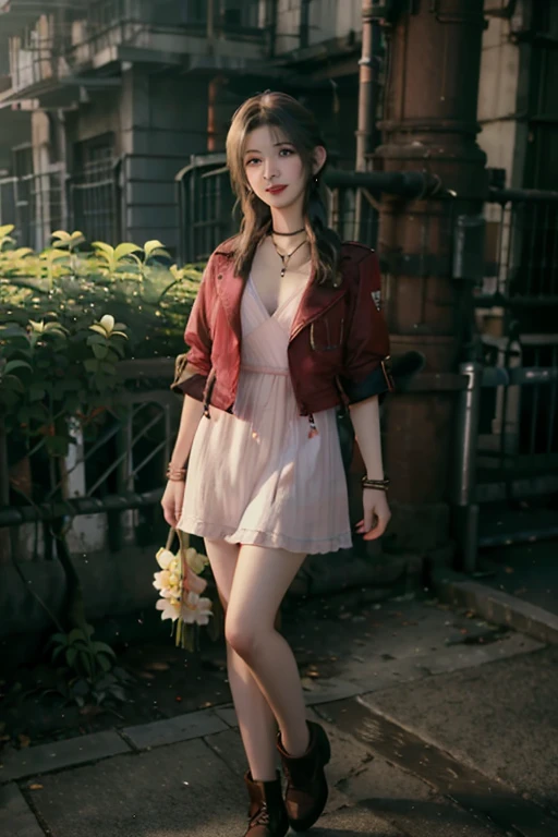 Realistic, realism, photorealism,Live-action adaptation写真画像, High Contrast, (), (8k high definition detailed Realistic), (highest quality, masterpiece:1.2), (Live-action adaptation),  Photon Mapping, Radio City, Physically Based Rendering, highest quality, Very detailed,One Girl, did, Green Eyes,(Flower Field), (Red jacket), (Pink short dress), Cowboy Shot, Sensual, Full body image, , Full Body Shot,A smile showing white teeth,