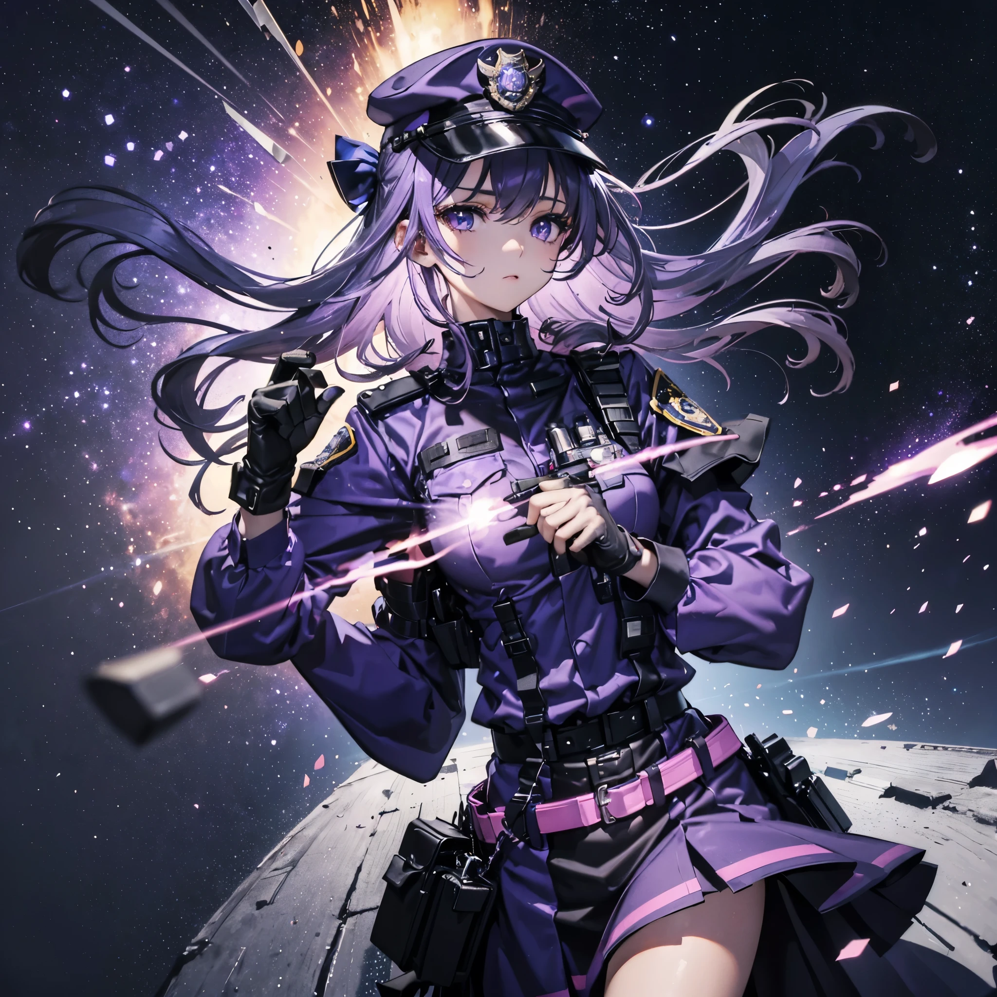((Fantasy Purple Hair Long Hair Purple Eyes Female police officer Star Badge policeman's cap Chest Opening Lonely despair)) ((Holding a pistol Hold the trigger with your right hand Glowing muzzle Broken glass gloves milky way)) (comet moon) Catch the wind fall Glowing purple background Particles of light, shining edges Low - Angle Landscape