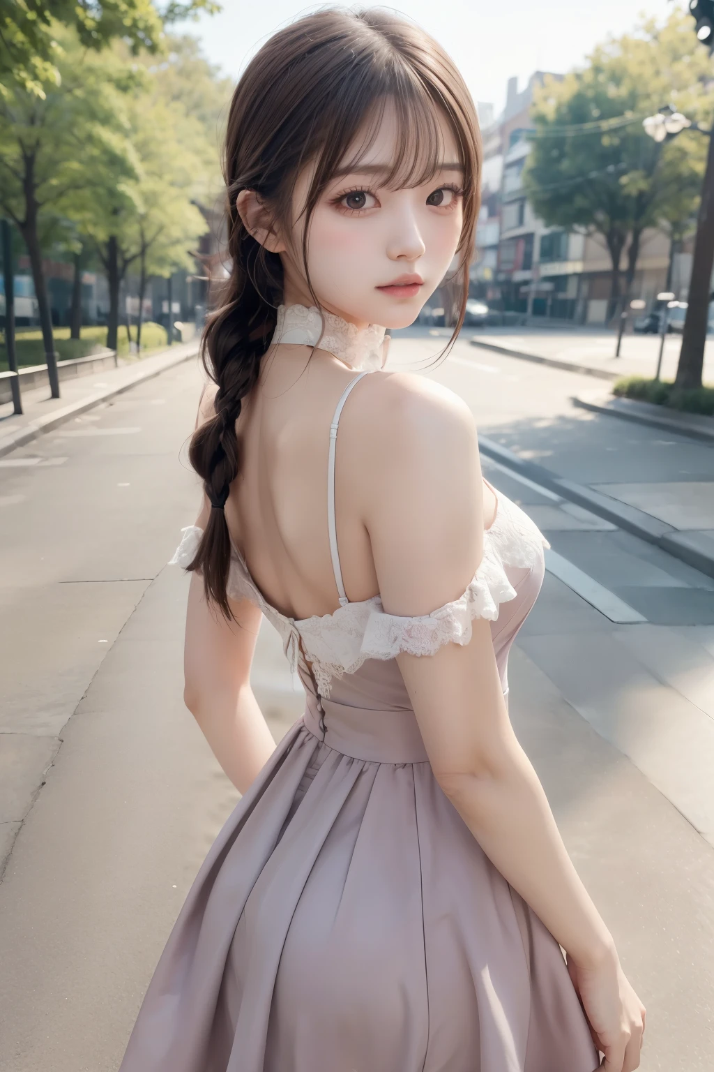 1girl,highres, high quality, masterpiece, mxmkWhiteDress, bare shoulder, purple eyes, white dress, braid, chocker, beach