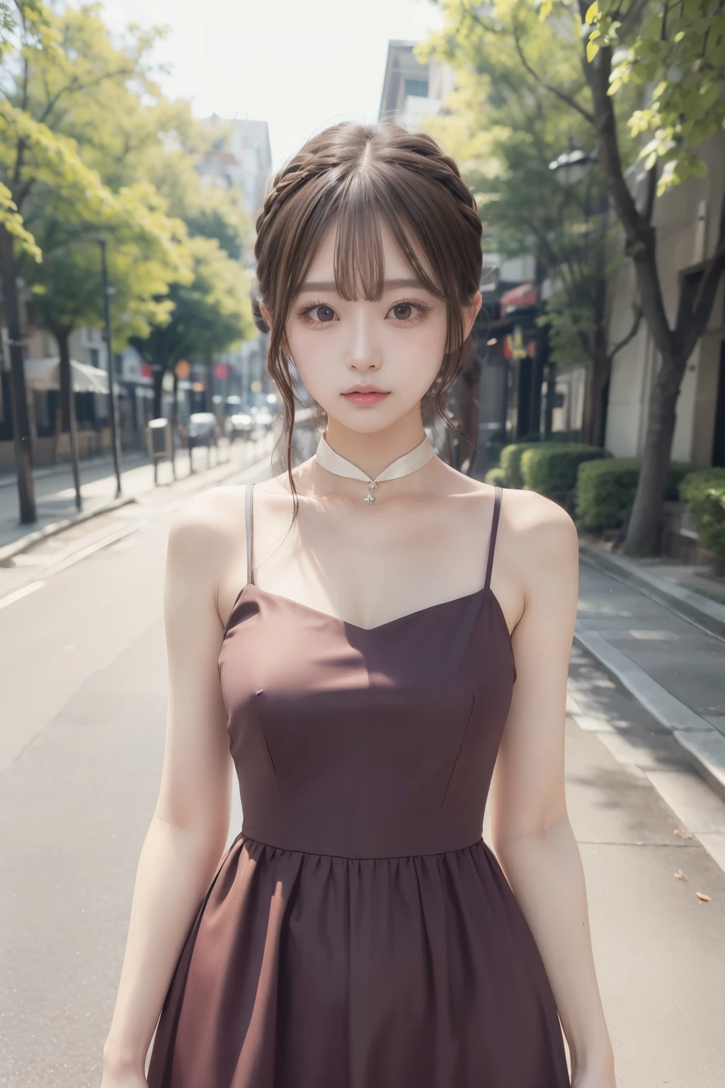 1girl,highres, high quality, masterpiece, mxmkWhiteDress, bare shoulder, purple eyes, white dress, braid, chocker, beach