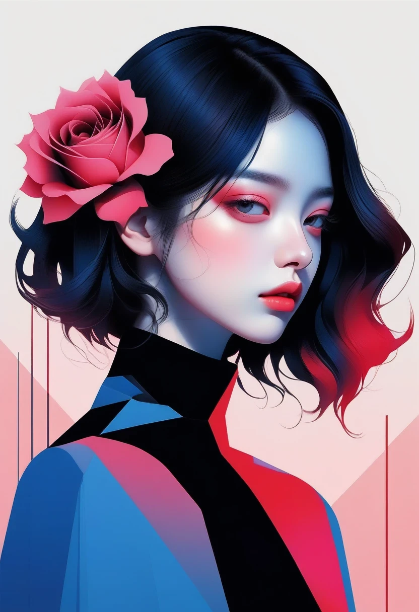 (((vector,Flat style,illustration,digital art illustration))),1 girl,Unique,Pretty Face,contour,portrait,Shoulder,Black high neck,Geometric gradients,Gradient lines,artistic conception,Abstract,Minimalism,Minimalist lines,portrait,blue flower, flower,pink flower, red flower, red Rose, Rose, Solitary, sunflower