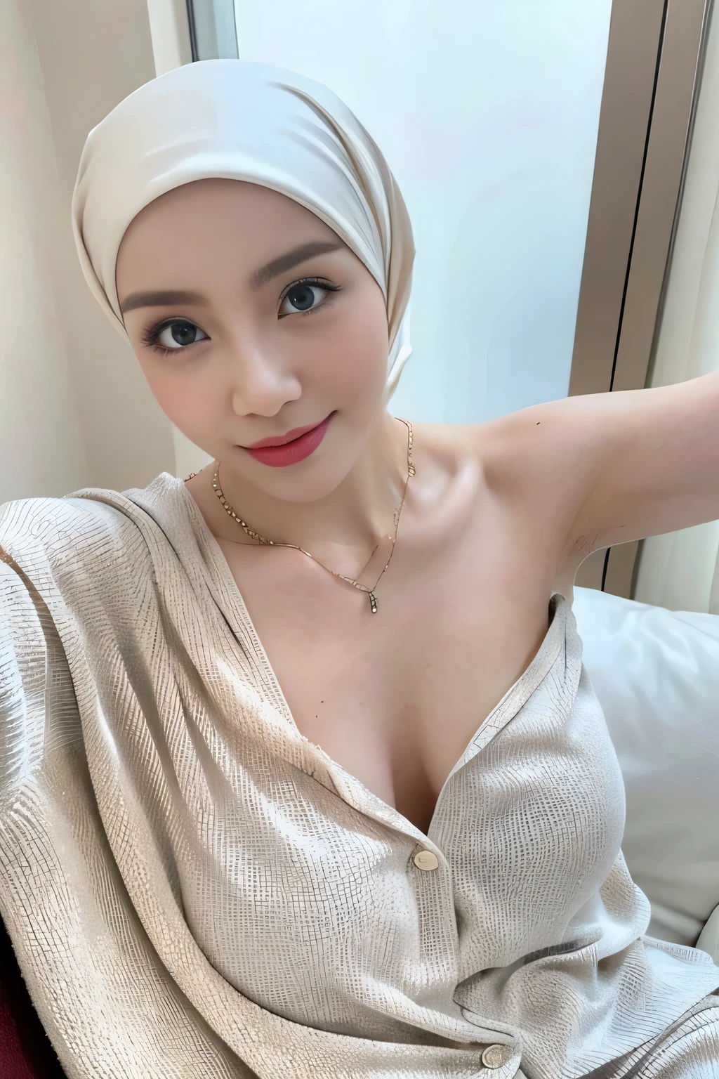 (realistic), (high quality) a lady doing bending slightly forward in a pyjammas, big breast, slim waist, hijab, pale skinned, necklace, close shot