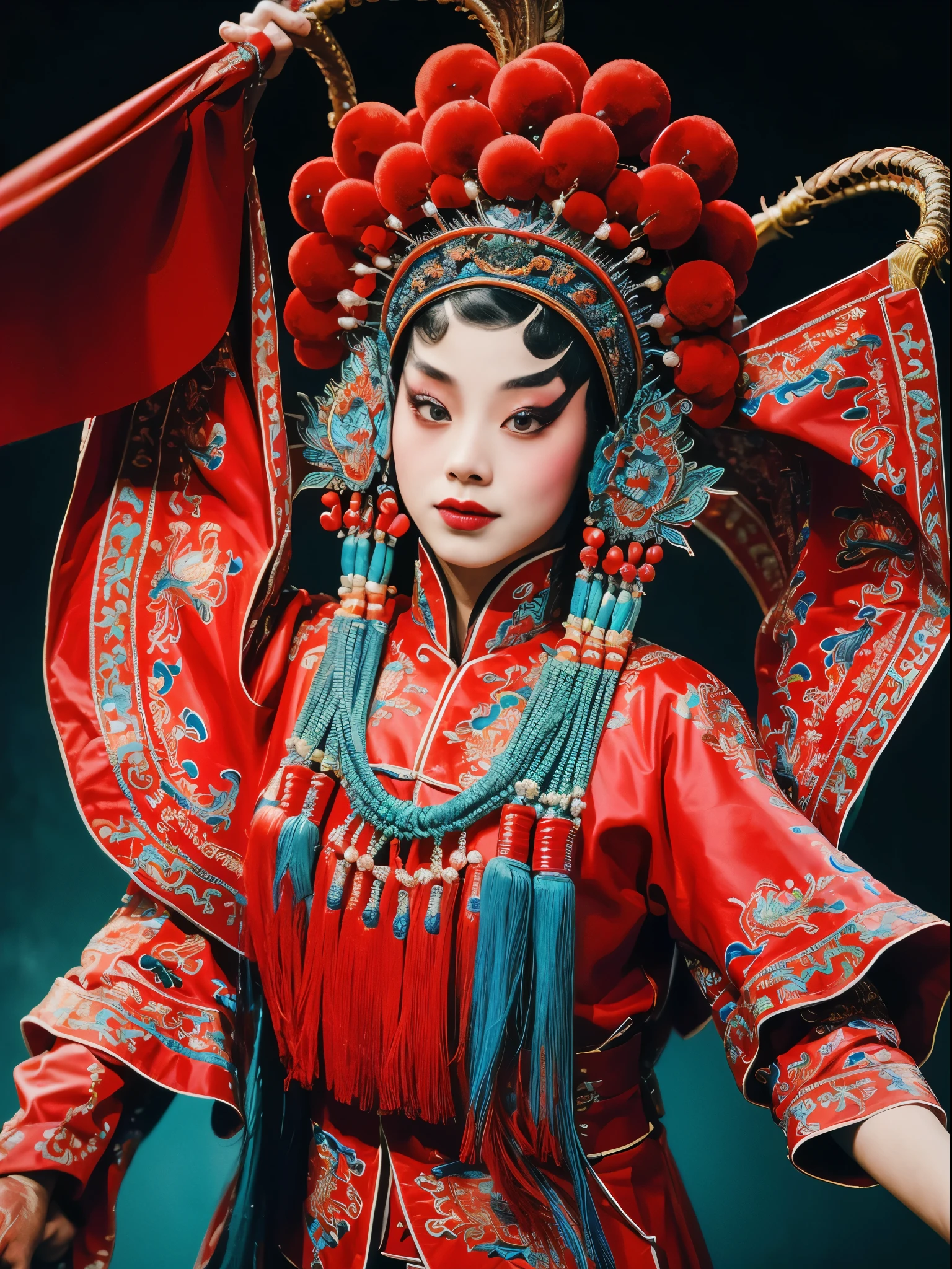 masterpiece：（（（Chinese Opera House Flag）））， 8K，Portrait Photos，Sportswear，Shocking，Cinematic quality，。CNOperaCrown， From the front， Looking at the audience， Beautiful makeup，Facial details。Exquisite headdress， Gorgeous clothing， Nipple tassels。China red，cloisonne，The correct structure of the human body，complete hands